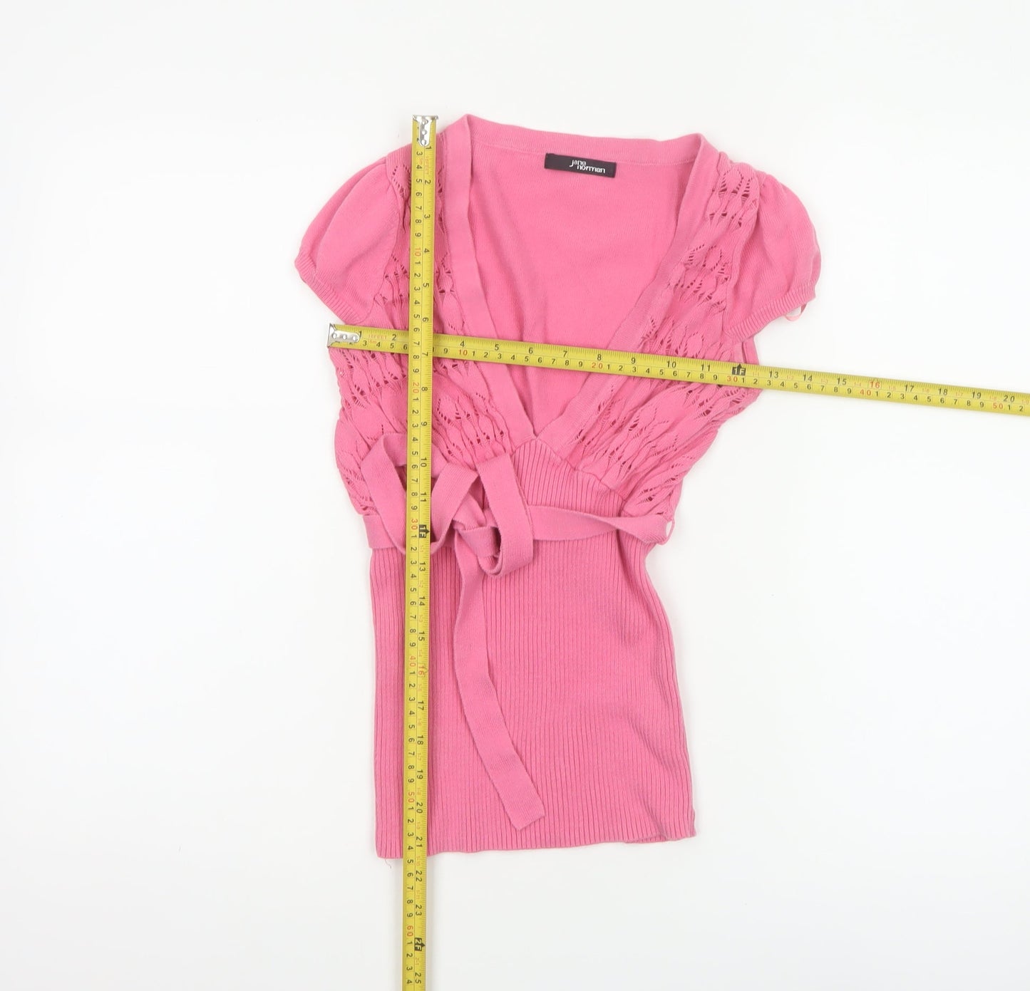 Jane Norman Women Pink Size 10 Cotton Knit Wrap Tie Puff Sleeve Blouse