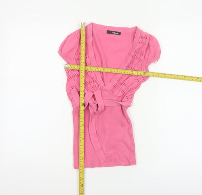 Jane Norman Women Pink Size 10 Cotton Knit Wrap Tie Puff Sleeve Blouse