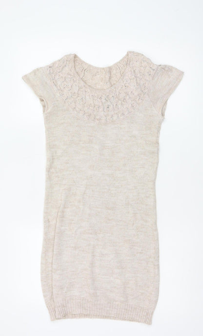 Topshop Women Beige UK 8 Tunic Jumper Short Sleeve Open-Knit