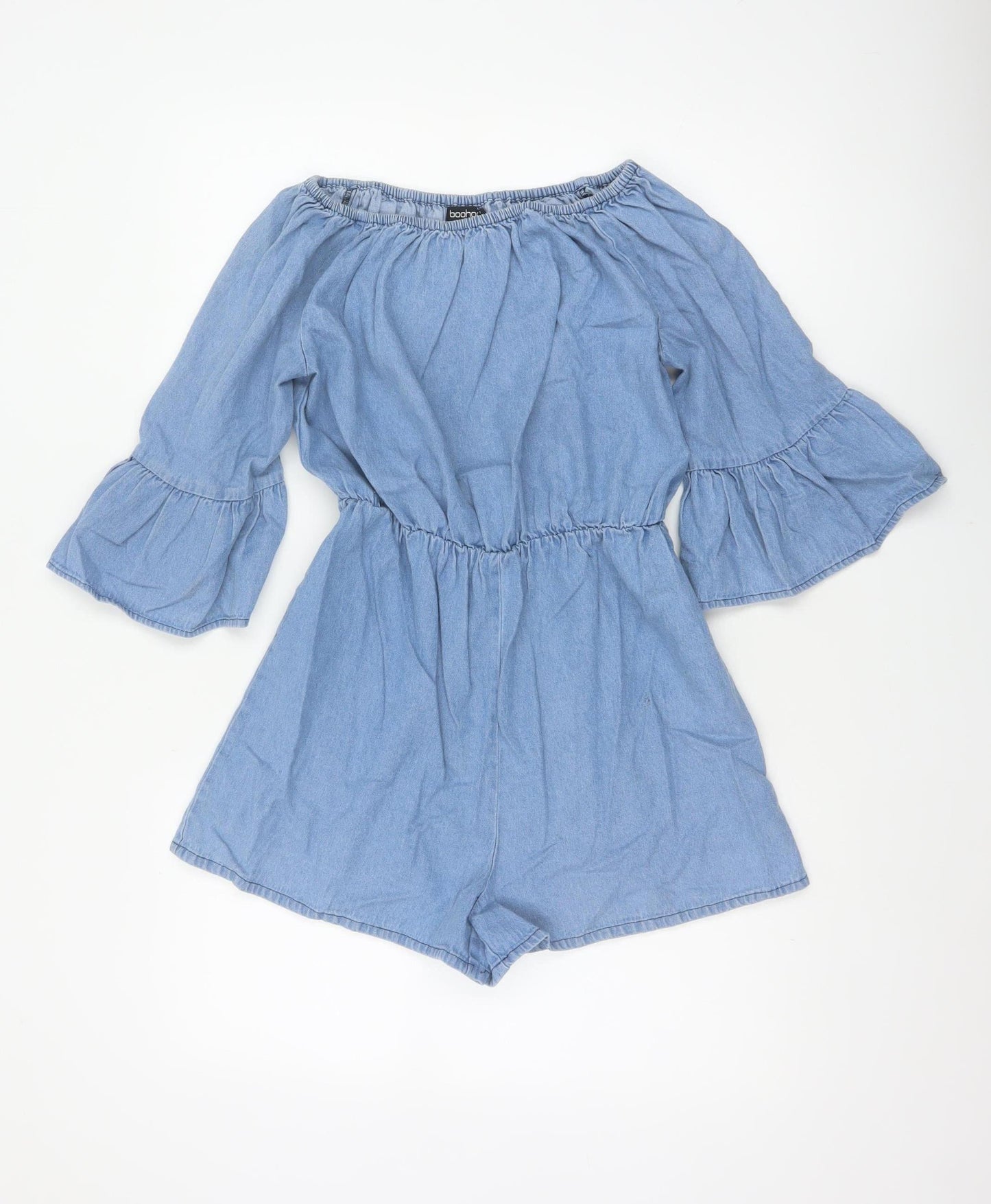 Boohoo Women Blue UK 10 Denim Off Shoulder Bell Sleeve Playsuit