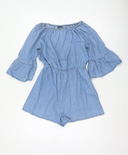 Boohoo Women Blue UK 10 Denim Off Shoulder Bell Sleeve Playsuit