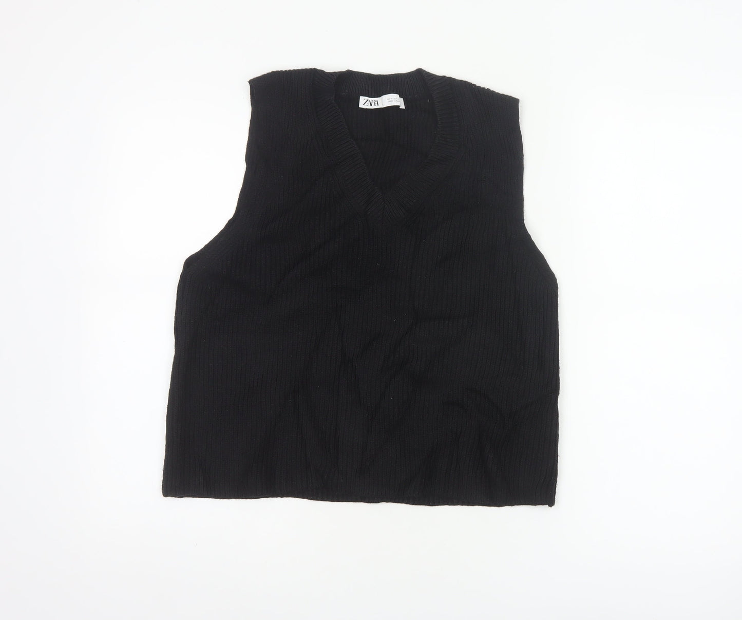 Zara Women Black UK 12 Cable-Knit V-Neck Sleeveless Jumper Vest