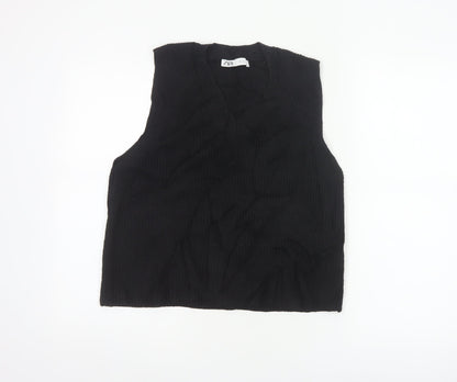 Zara Women Black UK 12 Cable-Knit V-Neck Sleeveless Jumper Vest