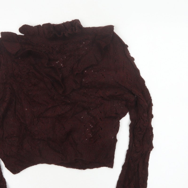 Zara Women Brown M Cable Knit Ruffle Roll Neck Jumper