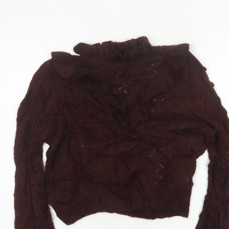 Zara Women Brown M Cable Knit Ruffle Roll Neck Jumper