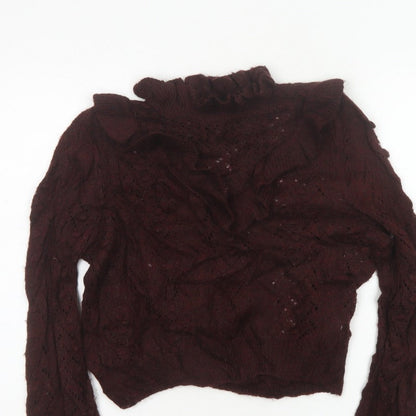 Zara Women Brown M Cable Knit Ruffle Roll Neck Jumper