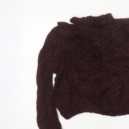 Zara Women Brown M Cable Knit Ruffle Roll Neck Jumper