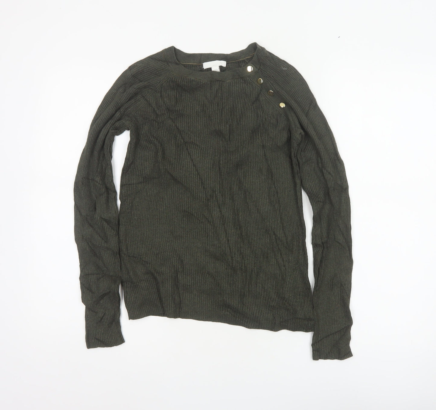 H&M Women Green Size S Rib Knit Mock Neck Button Jumper