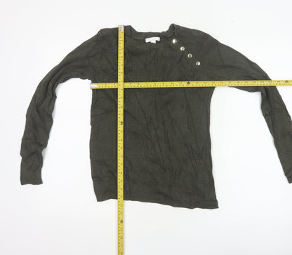 H&M Women Green Size S Rib Knit Mock Neck Button Jumper