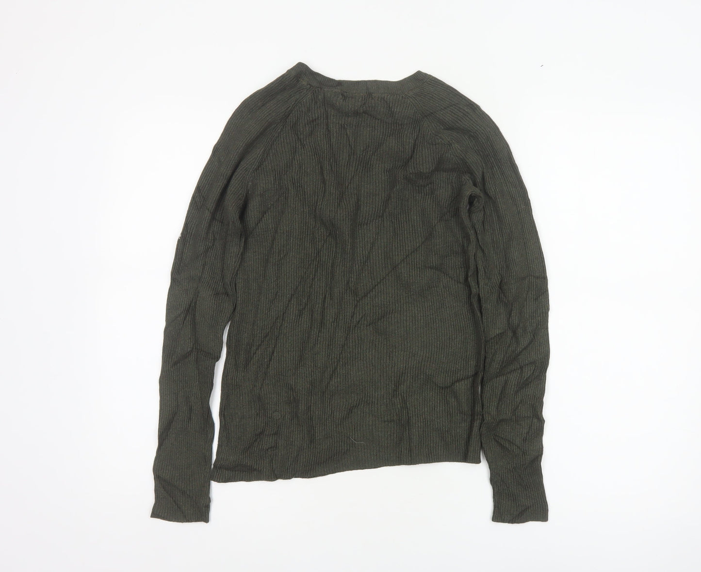 H&M Women Green Size S Rib Knit Mock Neck Button Jumper