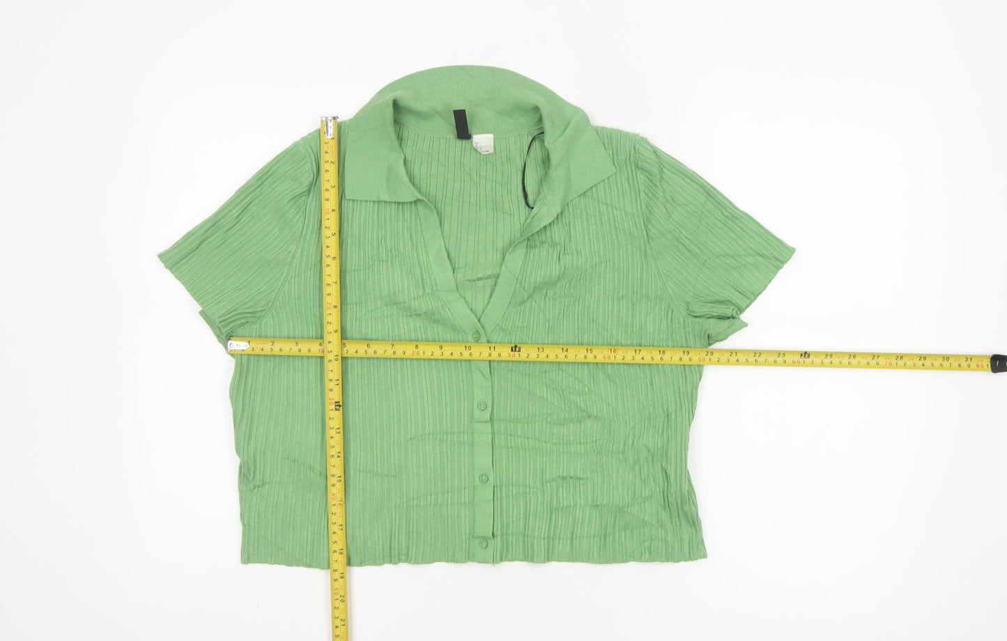 H&M Women Green L Ribbed Knit Collared Short Sleeve Button-Up Top