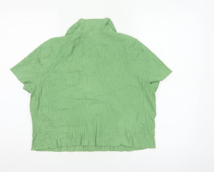 H&M Women Green L Ribbed Knit Collared Short Sleeve Button-Up Top