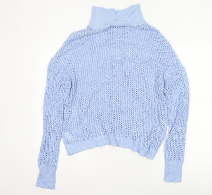 Rachel Zoe Women’s Blue L Open Knit Cowl Neck Henley Jumper