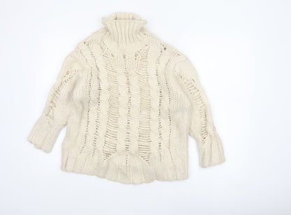 Zara Women Ivory L Cable Knit Roll Neck Chunky Jumper