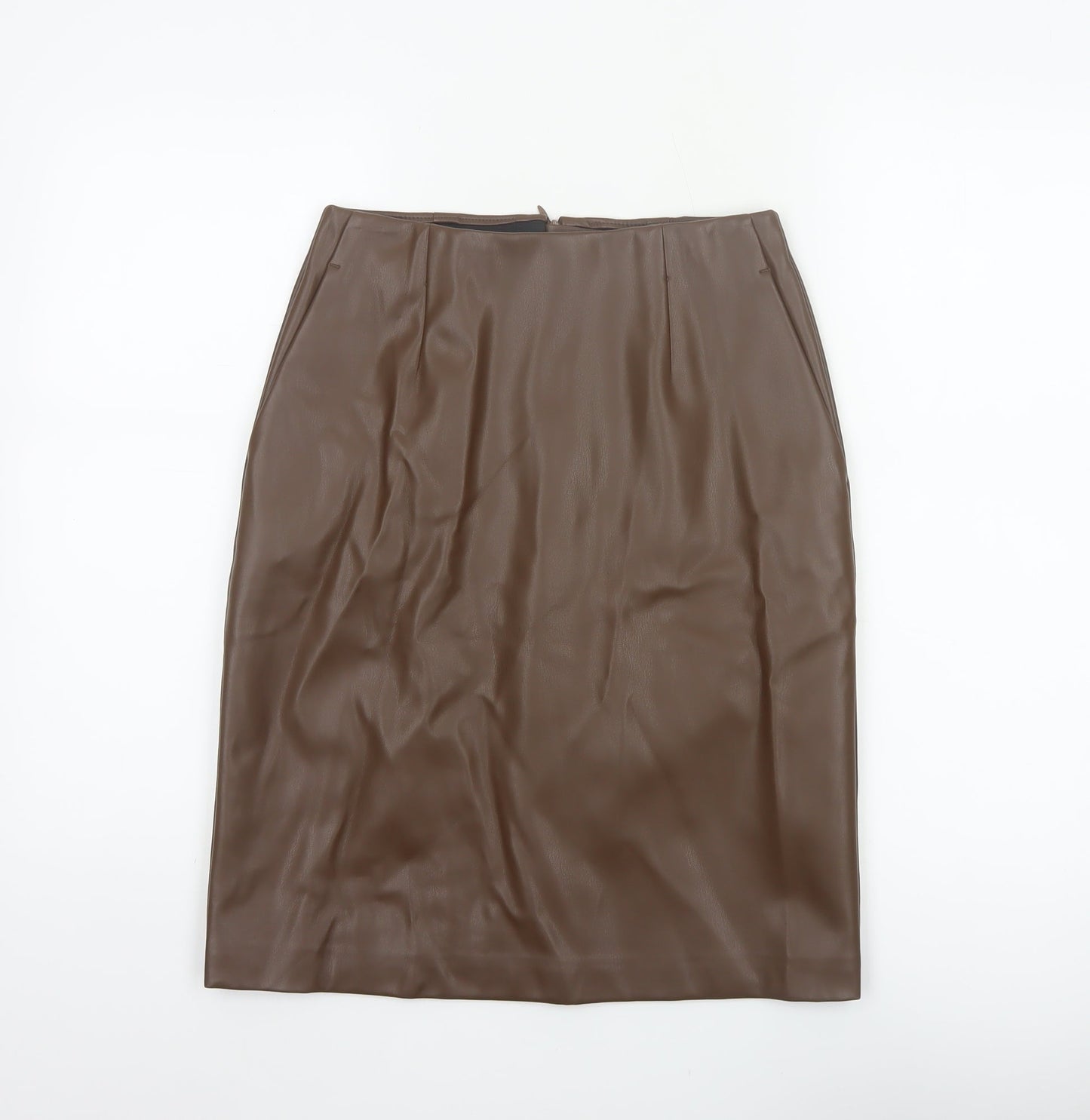 Marks and Spencer Women Brown UK 8 Faux Leather Pencil Knee Skirt