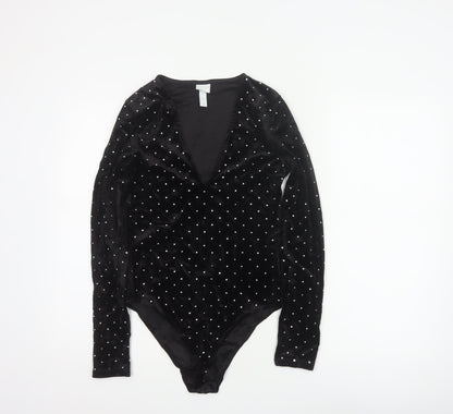 H&M Women Black S Velvet Rhinestone V-Neck Long Sleeve Bodysuit