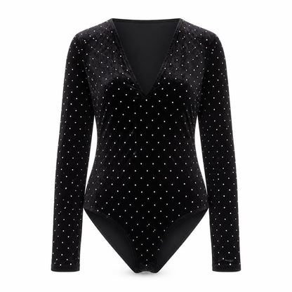 H&M Women Black S Velvet Rhinestone V-Neck Long Sleeve Bodysuit