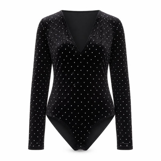 H&M Women Black S Velvet Rhinestone V-Neck Long Sleeve Bodysuit