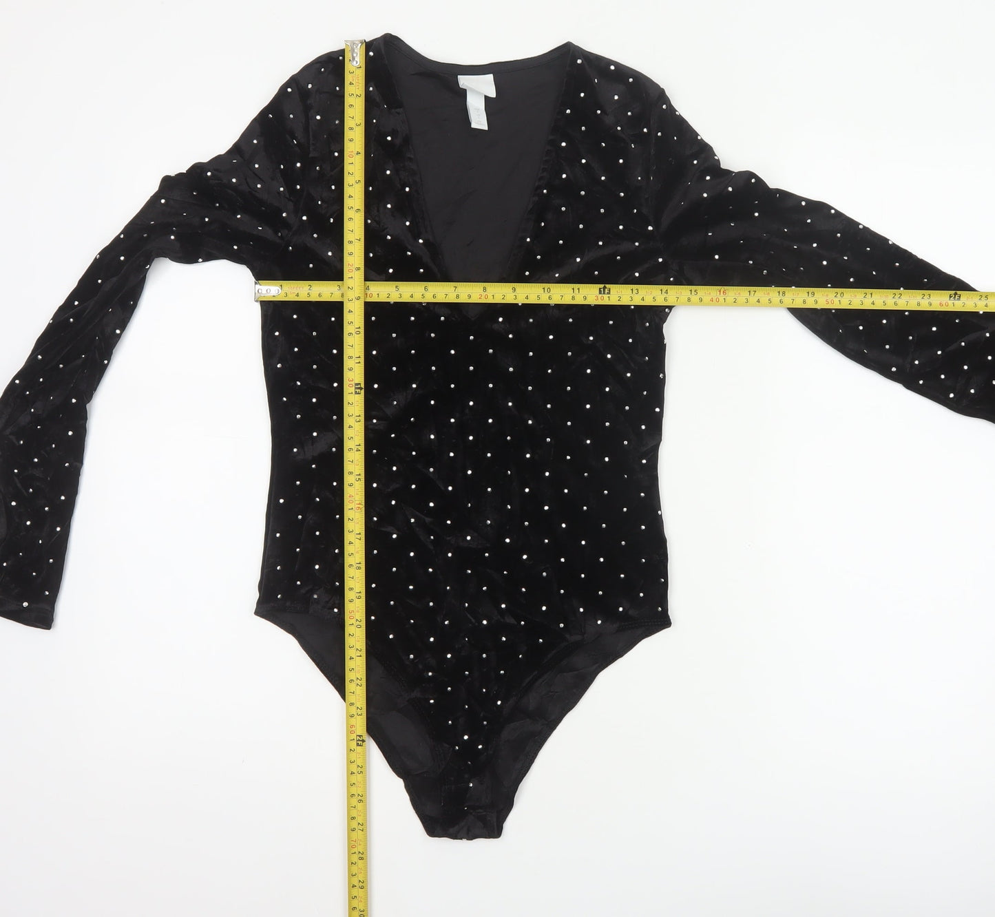 H&M Women Black S Velvet Rhinestone V-Neck Long Sleeve Bodysuit
