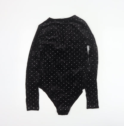 H&M Women Black S Velvet Rhinestone V-Neck Long Sleeve Bodysuit