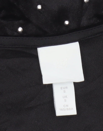 H&M Women Black S Velvet Rhinestone V-Neck Long Sleeve Bodysuit
