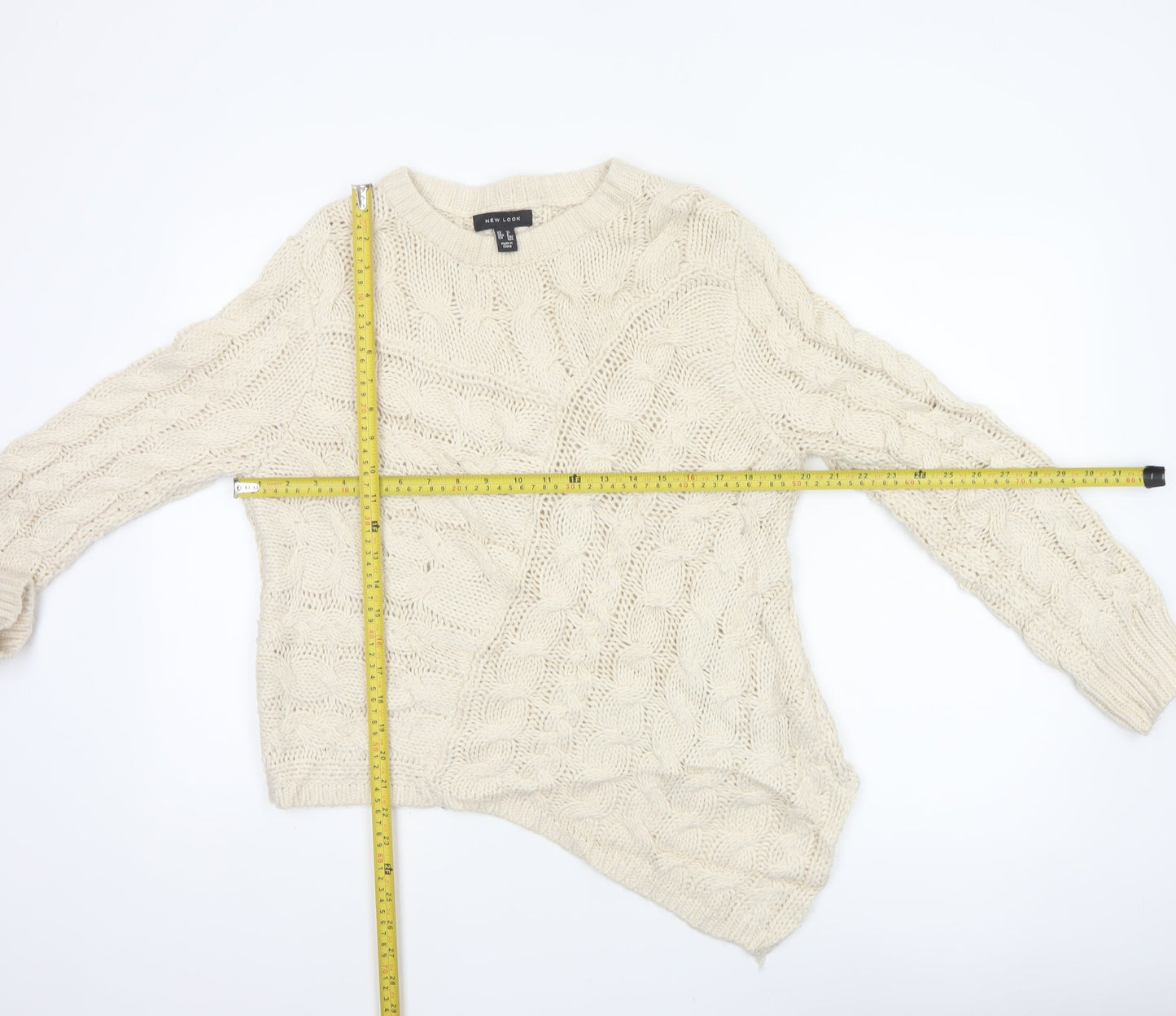 New Look Women Ivory UK 12 Cable-Knit Crew Neck Acrylic Pullover Jumper