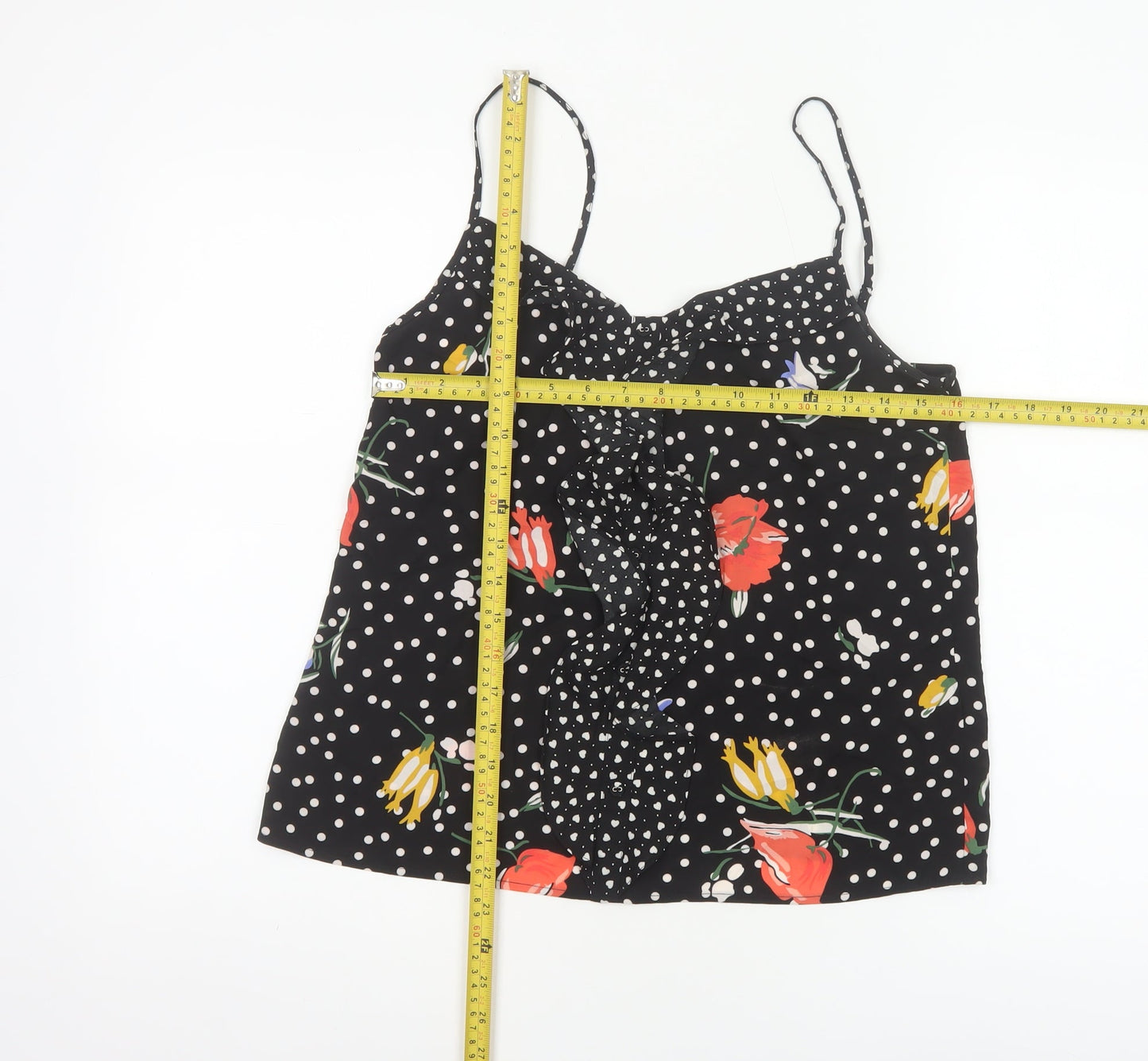 Oasis Women Black UK 12 Floral Polka Dot Ruffle Camisole Tank Top