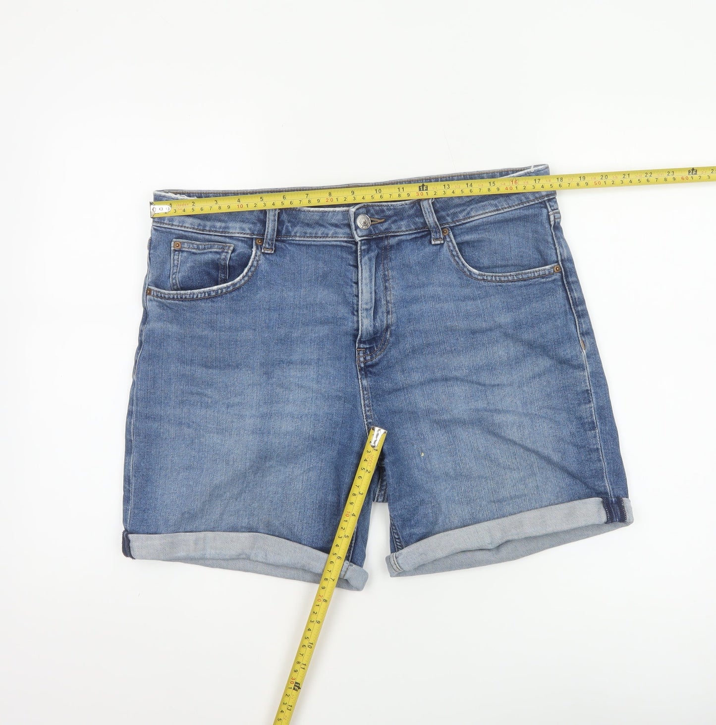 Marks and Spencer Women's Blue Denim Boyfriend Shorts UK 14 Cuffed