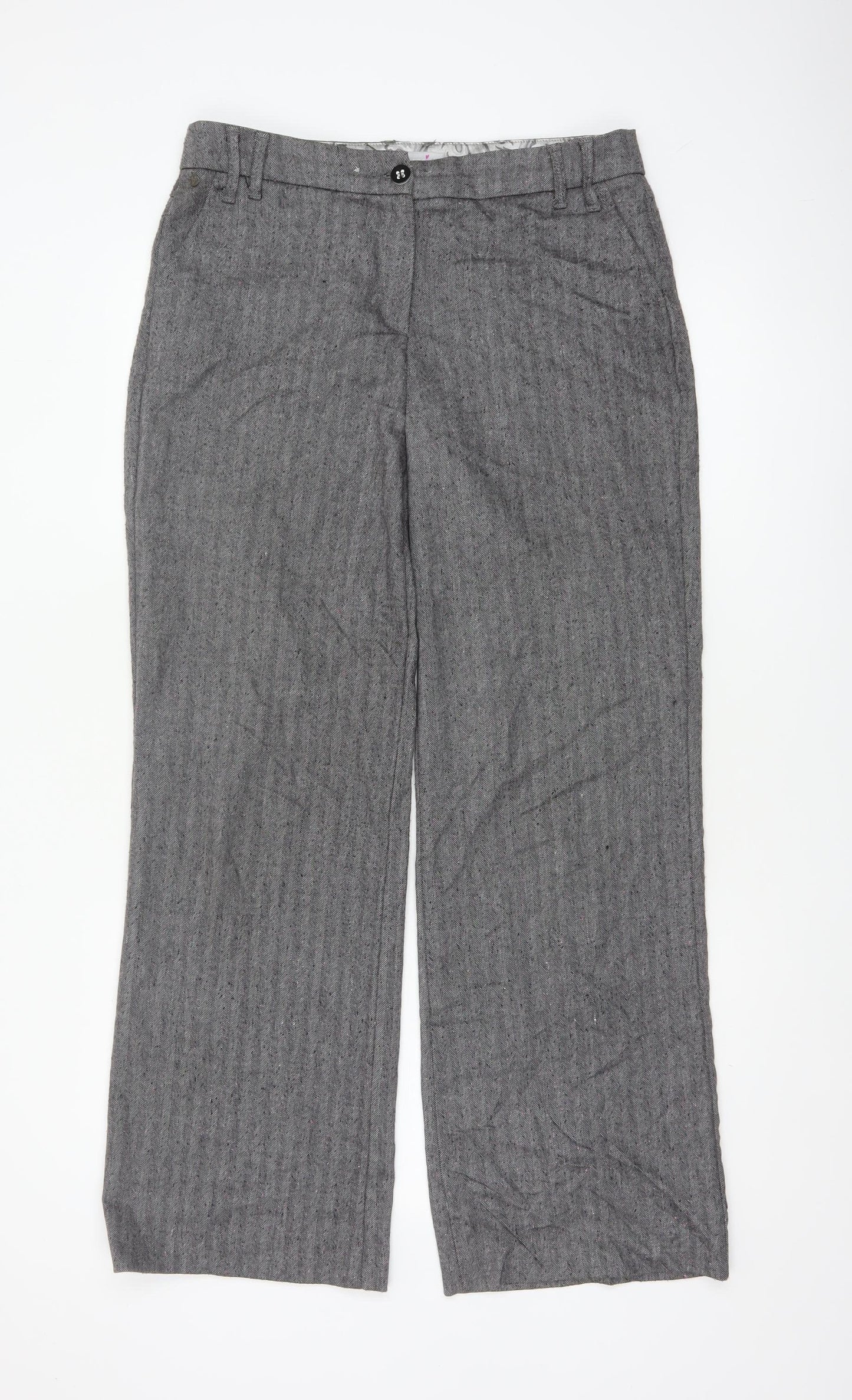 Per Una Women Grey Herringbone Linen Blend Straight Trousers UK 12