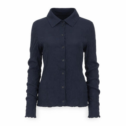 COS Women Blue UK 12 Ribbed Knit Button-Up Collared Long Sleeve Blouse