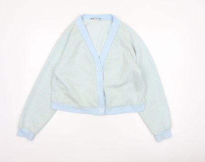 Zara Women Blue Ivory Check Knit V-Neck Button Cardigan Size M