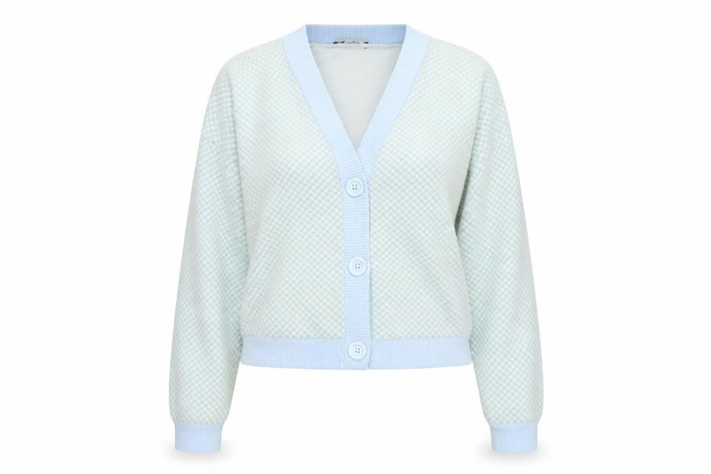 Zara Women Blue Ivory Check Knit V-Neck Button Cardigan Size M