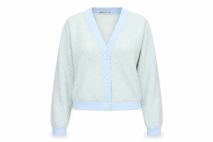 Zara Women Blue Ivory Check Knit V-Neck Button Cardigan Size M