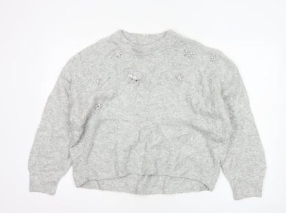 H&M Women Grey UK 8 Star Embellished Crew Neck Knit Jumper