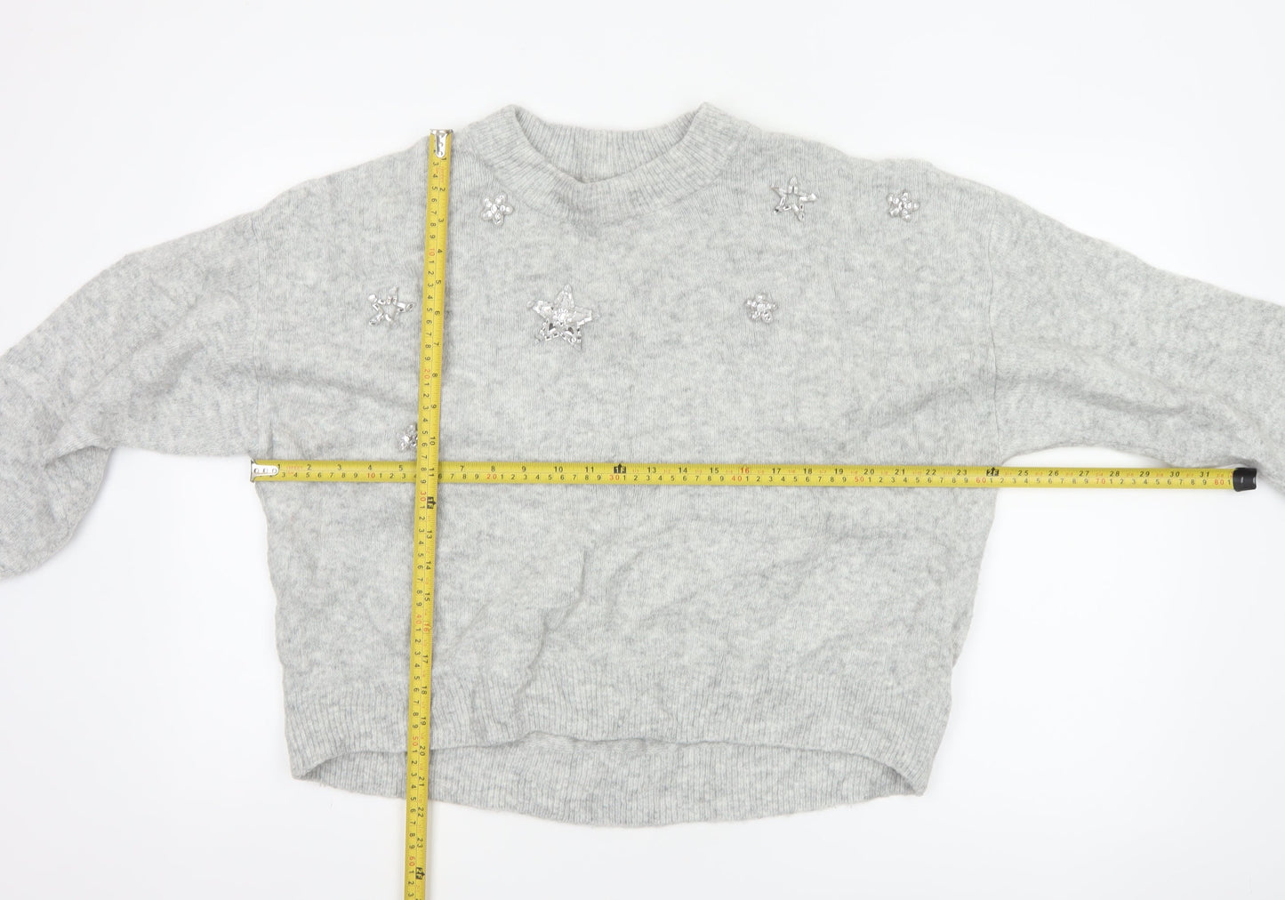 H&M Women Grey UK 8 Star Embellished Crew Neck Knit Jumper