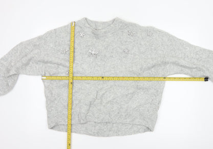 H&M Women Grey UK 8 Star Embellished Crew Neck Knit Jumper