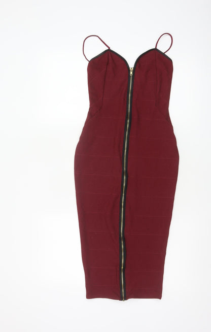 Boohoo Women Red Bodycon Midi Dress UK 6 Strappy Zip Party