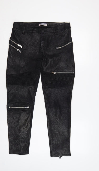 Zara Women Black Faux Leather Biker Skinny Trousers UK 12 Zip