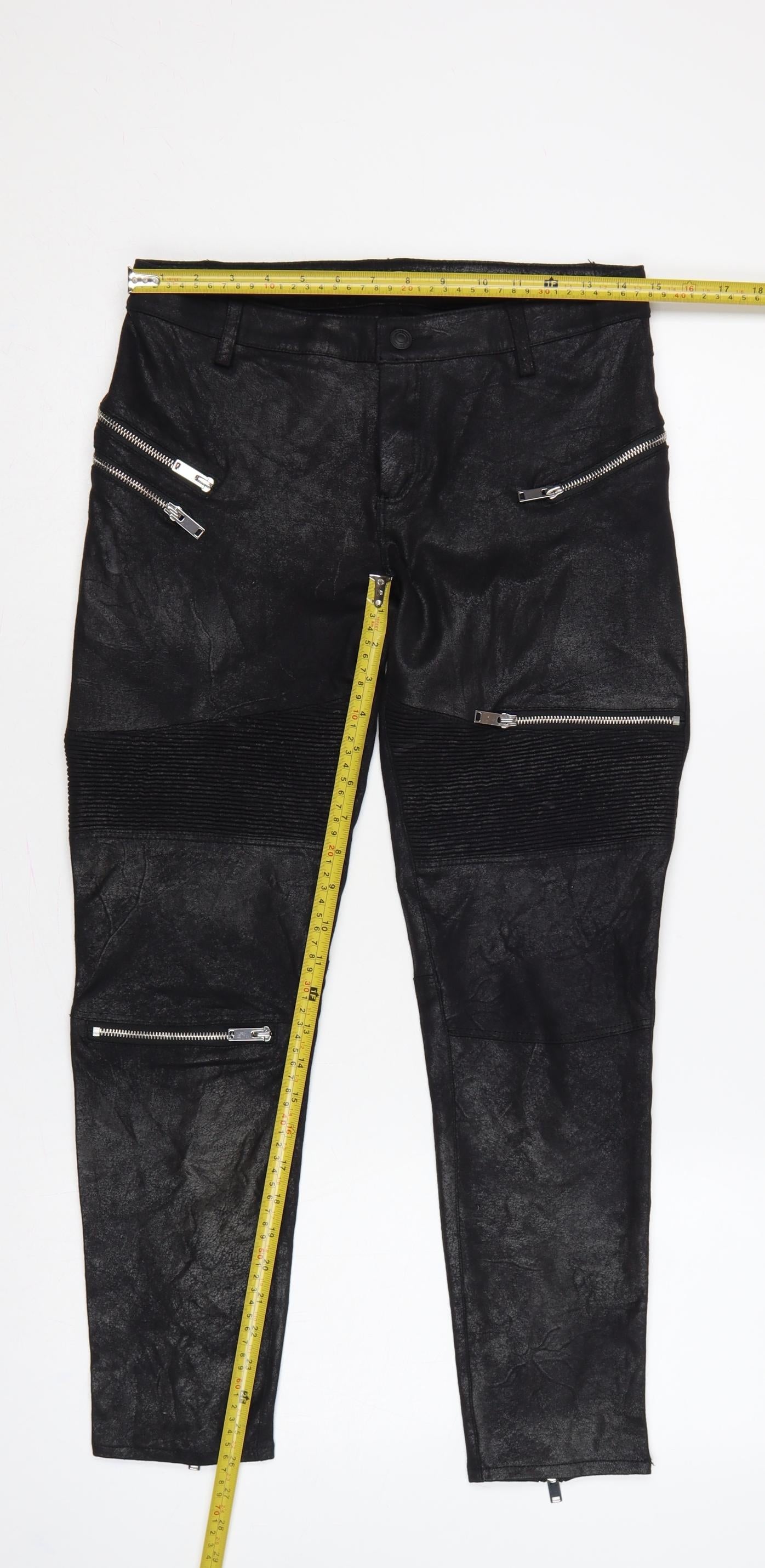 Zara Women Black Faux Leather Biker Skinny Trousers UK 12 Zip