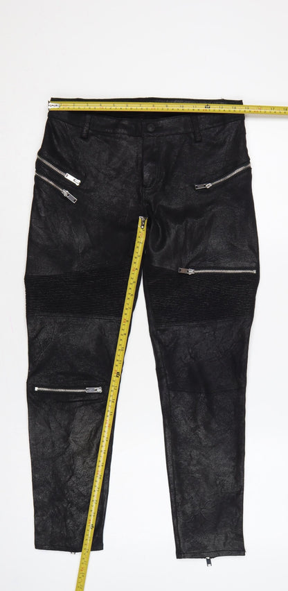 Zara Women Black Faux Leather Biker Skinny Trousers UK 12 Zip