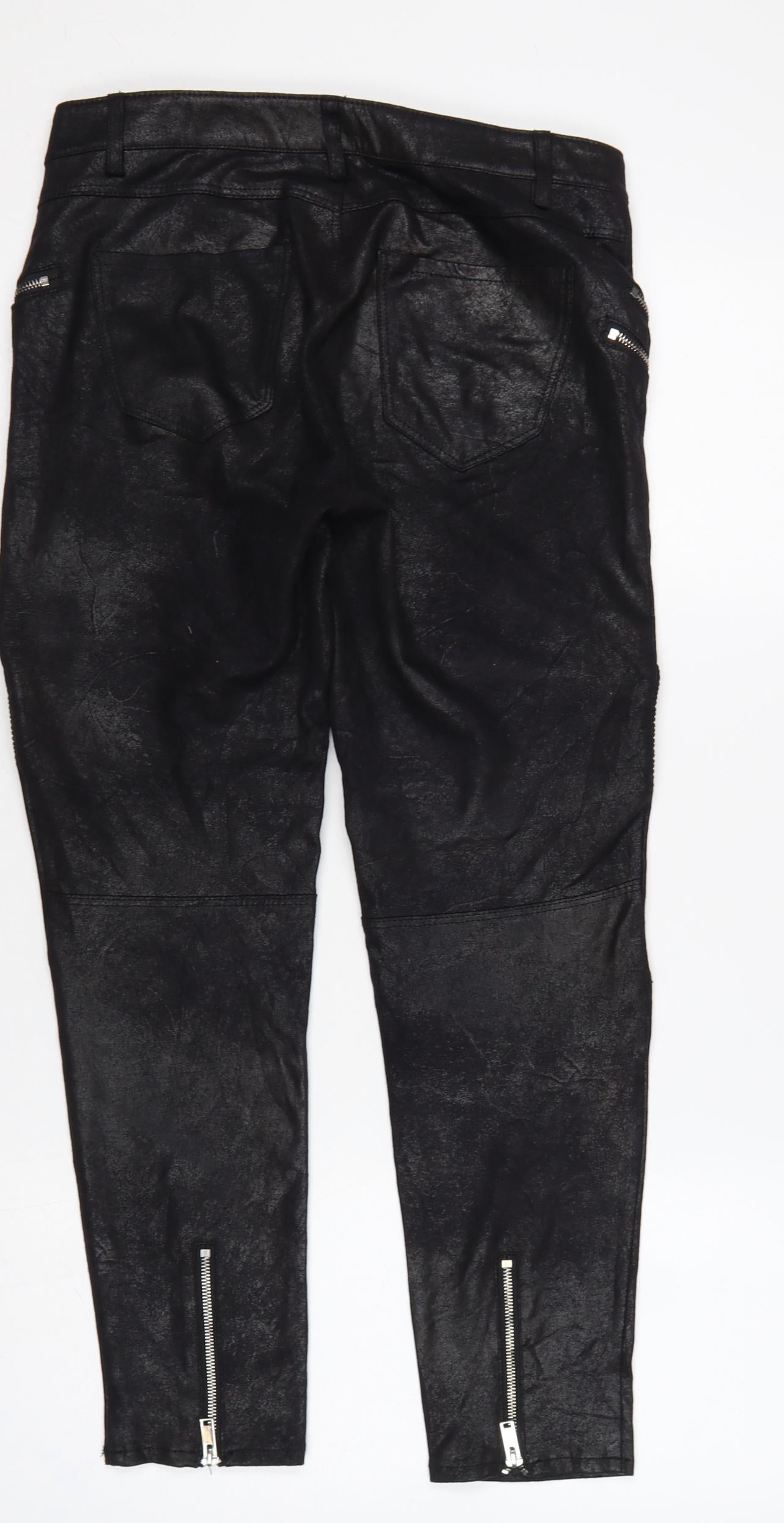 Zara Women Black Faux Leather Biker Skinny Trousers UK 12 Zip