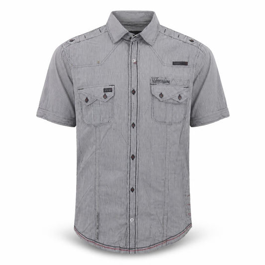 Front view of Next Men's Grey M Slim Fit Striped Military Pocket Short Sleeve Shirt
