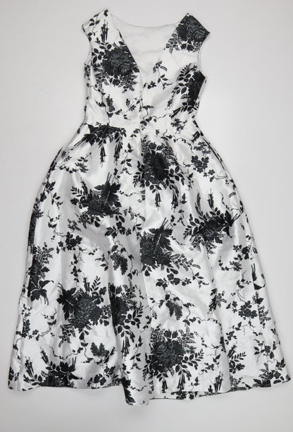 Coast Women White Black Floral UK 10 Fit & Flare Midi Twill Dress