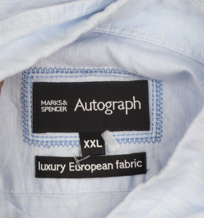 Marks and Spencer Autograph Men Blue 2XL Linen Cotton Short Sleeve Shirt