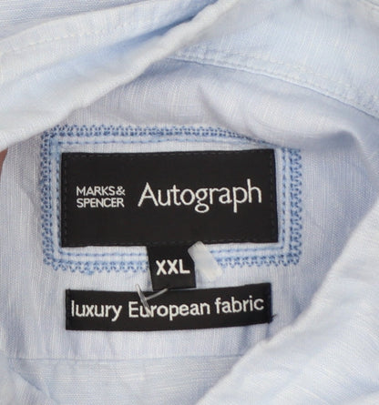 Marks and Spencer Autograph Men Blue 2XL Linen Cotton Short Sleeve Shirt