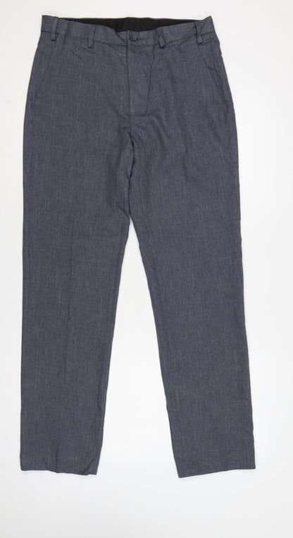 Marks & Spencer Men Blue 32 Regular Chambray Straight Dress Trousers