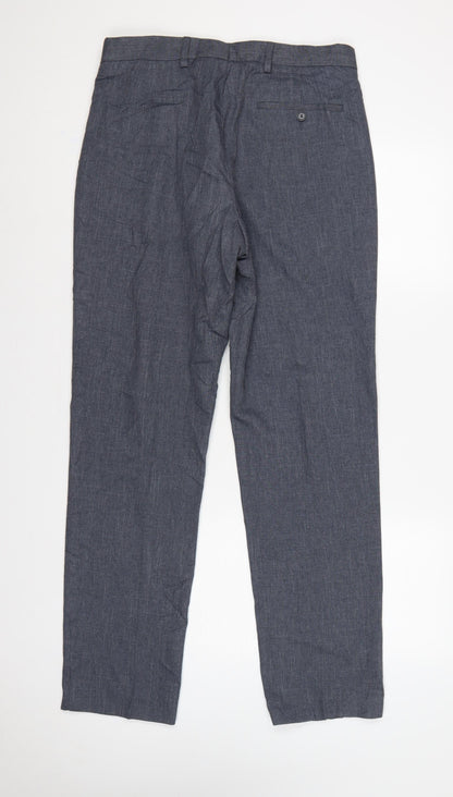 Marks & Spencer Men Blue 32 Regular Chambray Straight Dress Trousers