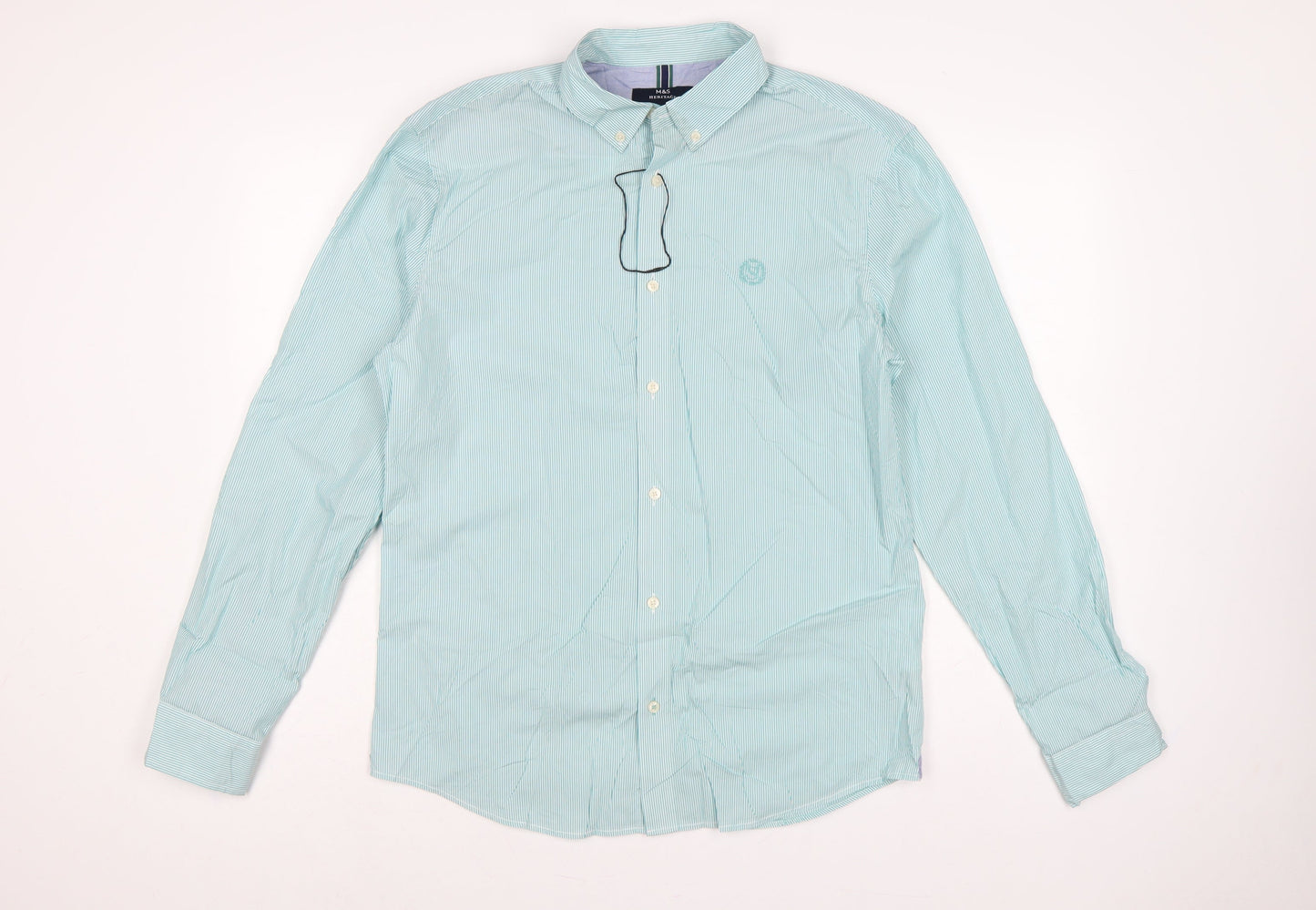 Marks & Spencer Men Green M Striped Button-Down Cotton Shirt