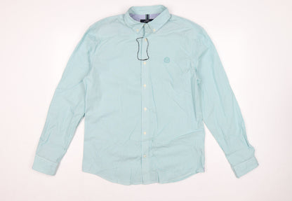 Marks & Spencer Men Green M Striped Button-Down Cotton Shirt