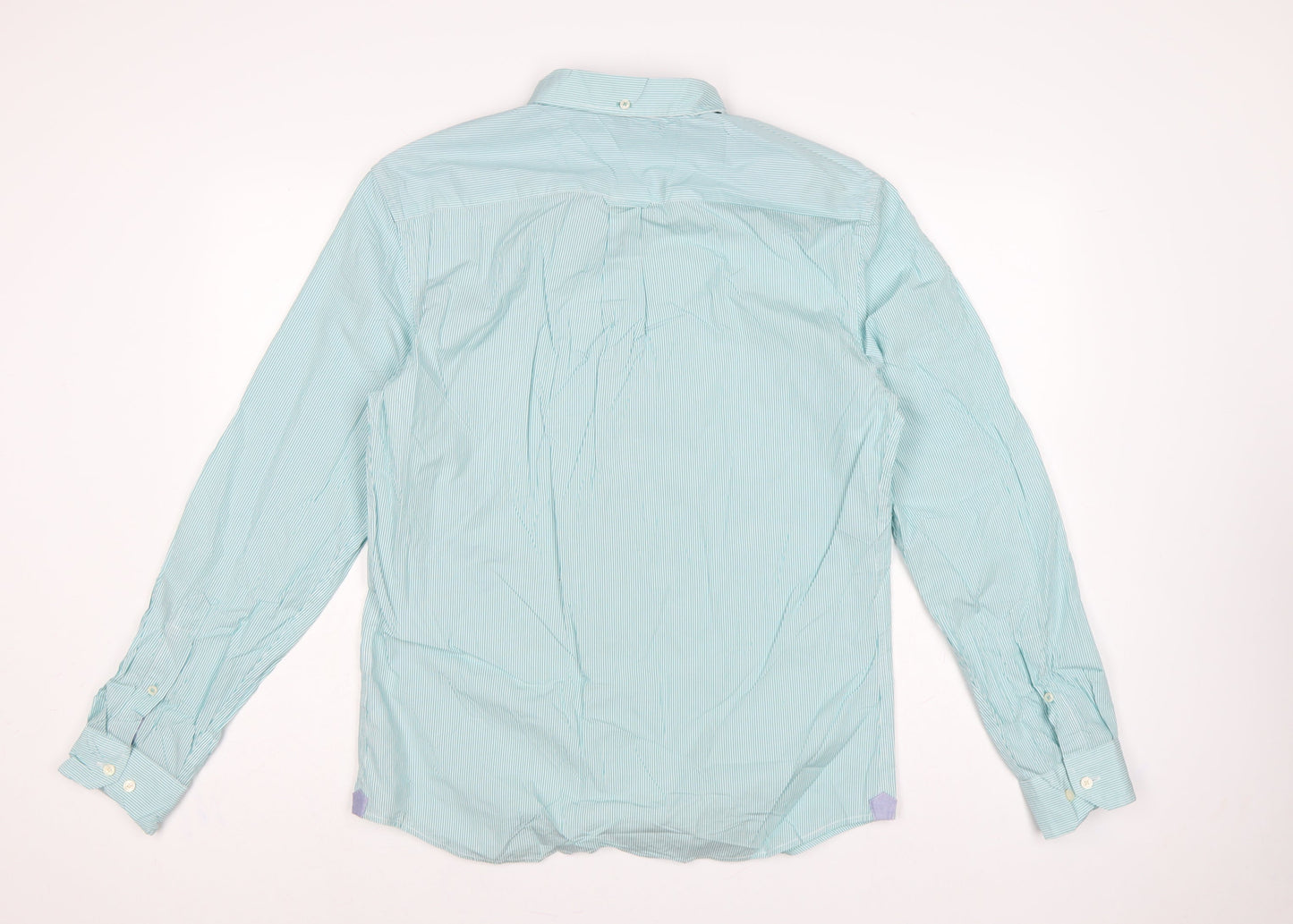 Marks & Spencer Men Green M Striped Button-Down Cotton Shirt